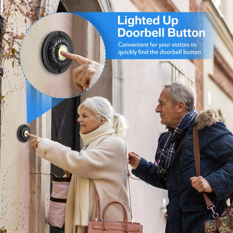 Round Metal Wired Doorbell Push Button In Black With Warm White LED Light Low Voltage Compatible No Fuss Surface Mount Replacement For Home Or Garage Works On Stucco Wood Brick Or Stone Walls, wall-mounted