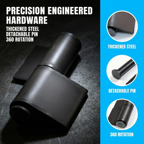 Heavy Duty Weld On Gate Hinges Set Weldable 4mm Thick Solid Steel Hinges in black, showing detachable pin and thickened steel.