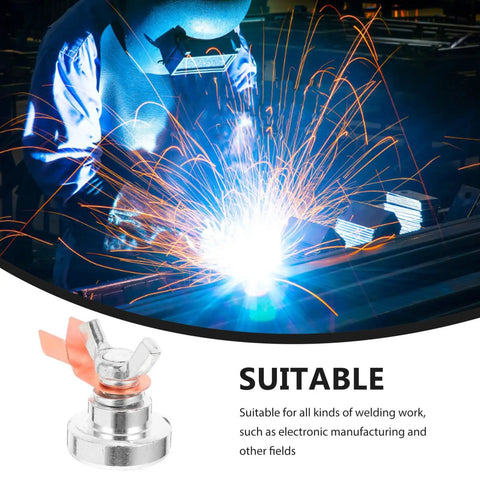 Heavy Duty Magnetic Welding Ground Clamp With Strong Magnet holds firmly on metal poles during electric weld job with sparks flying.