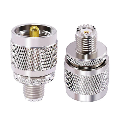 Two Pack PL259 To Mini UHF Coax Adapter Set with gold plated pins and nickel plated body, PL259 Male To Mini UHF SO239 Female