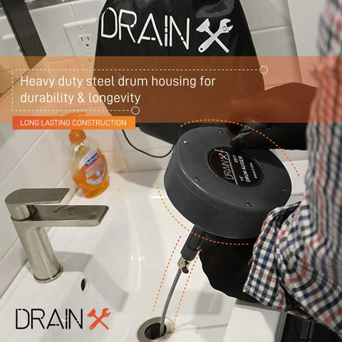 Pro Grade Heavy Duty 25 Foot Steel Drum Auger Drain Snake Kit with One Quarter Inch Cable used in bathroom sink