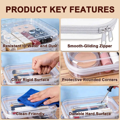 Two Pack Clear Hard Shell Zipper Case Travel Organizer Pouch Hella Tough Protective Plastic Storage Bag showcasing features like water resistance and smooth zipper.