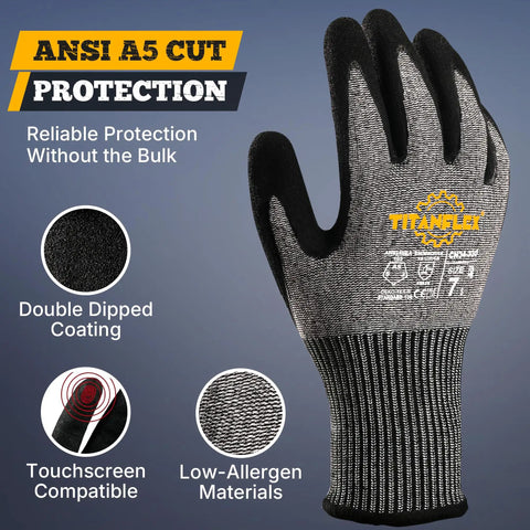 Cut Resistant Work Gloves ANSI A5 With Sandy Nitrile Grip, 3D Comfort Fit, Black, showing glove front and touchscreen symbol.