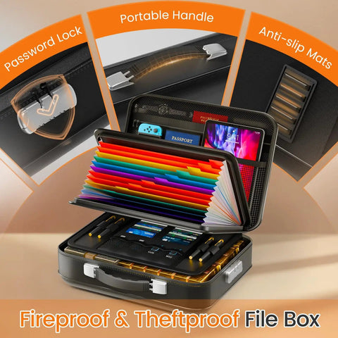 Fireproof Document Box With Lock For Your Important Papers Passport Certificates And Laptop, Tough 5200F Fire Resistance Water Resistant Hard Case File Organizer UL-94 VTM-0 Certified Black