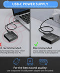Active 2 Channel 3.5mm Audio Mixer USB-C power supply setup, recommended adapter connection for clear sound, no echo audio output.