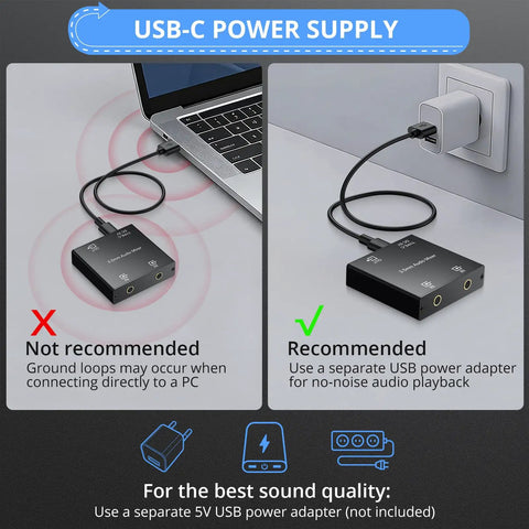 Active 2 Channel 3.5mm Audio Mixer USB-C power supply setup, recommended adapter connection for clear sound, no echo audio output.