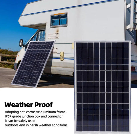 100 Watt Solar Panel Kit For Off Grid Power On The Go, 12V Battery Charger for RV against a camper, showing weatherproof feature