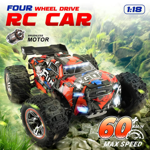 One Eighteen Scale Brushless RC Car 4WD Off Road Remote Control Truck Reaches Sixty KMH Speed on rocky terrain