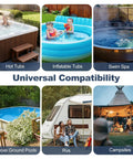 Collage of hot tubs, inflatable tubs, swim spa, above ground pools, RVs, and campsites showcasing universal compatibility