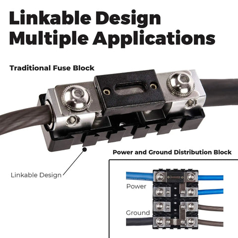 1/0 To 4 Gauge ANL Inline Fuse Block With Linkable Modular Design For Car And Marine Audio ANL Fuse Holder Built Beefy With Brass Construction And High Temp Housing For Ultimate Power Distribution. Linkable fuse block with brass terminals and high-temp housing