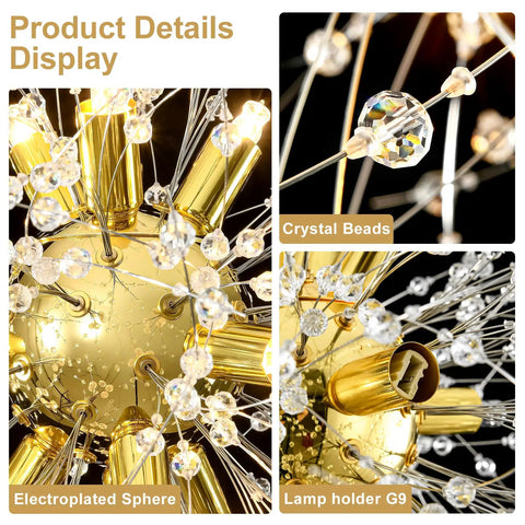 Product details display of Lit Gold Crystal 9 Light Dandelion Firework Pendant Chandelier with G9 base, clear crystals close-up