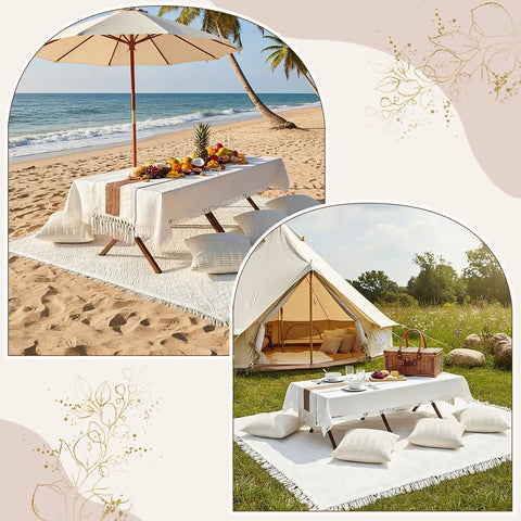 Big Ol Picnic Kit With Folding Table Oversize Boho Blanket Table Runner And Pillow Covers For Camping And Weddings beach setting