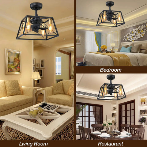 Enclosed Caged Square Ceiling Fan With Retro Industrial Metal Cage, Low Profile Flush Mount, in living room, bedroom, restaurant