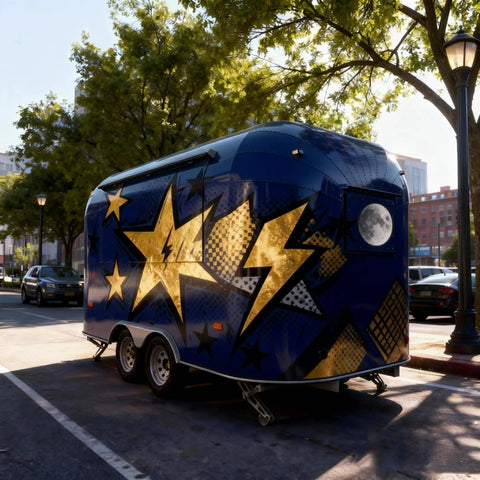 No Fuss Commercial Hot Dog Truck Trailer With Stainless Steel Catering Cart, Built In Grill, Fresh Water Tank, Power Supply System, Fully Equipped Mobile Kitchen Ready To Roll And Grind Daily, blue design with gold stars