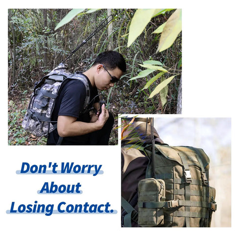 Person hiking with Dual Band Ham Radio Antenna Foldable 42.5 Inch 136-520MHz CS Tactical SMA Female on backpack outdoors