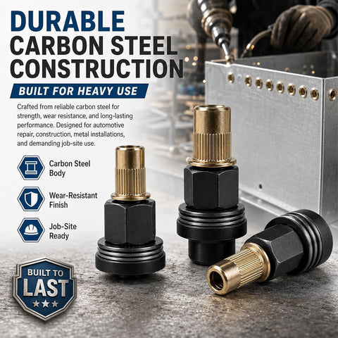 Rock Solid Heavy Duty Carbon Steel Rivet Nut Tool Kit with Mandrels and Flat Head Inserts. Close-up of durable brass and steel components.