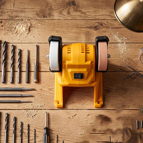 Slick Cordless Mini Bench Grinder With 70mm Wheel And 5500 RPM For Quick Sharpening And Polishing Jobs Around The Shop No Wire Hassle Just Drop Your 18V Pack And Roll on a wooden table with tools.