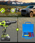 Heavy Duty 1/2 Inch Cordless Brushless Impact Wrench Packing Beast Mode 1032 Ft Lbs Of Breakaway Torque next to tool kit in outdoor setting.