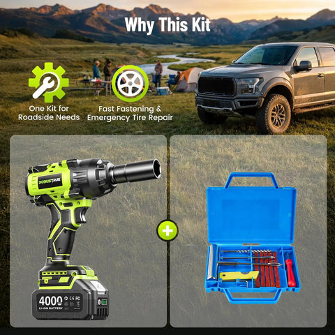 Heavy Duty 1/2 Inch Cordless Brushless Impact Wrench Packing Beast Mode 1032 Ft Lbs Of Breakaway Torque next to tool kit in outdoor setting.
