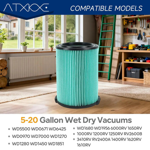 Heavy Duty Replacement Filter Kit For 5 To 20 Gallon Wet Dry Vacuums Includes VF6000 Filter Foam Sleeve And Brush Pack Compatible With WD5500 WD0671 WD6425 WD7000 WD1280 WD1851 WD1680 WD1956 RV2400A RV1000RV 1200RV 1250RV And More shown standalone