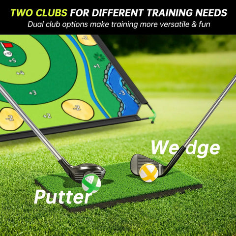 Massive 6x6 Foot Golf Chipping Game Set With Adjustable Practice Clubs Indoor Outdoor Mat and Scoreboard Close-Up