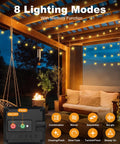 Two Pack Outdoor Solar String Lights Waterproof 98 Feet Total 100 LED Solar Powered Patio Lighting With Eight Modes Crystal Globe Decor For Garden Balcony Yard Porch Party Warm White showing 8 lighting modes and patio setting