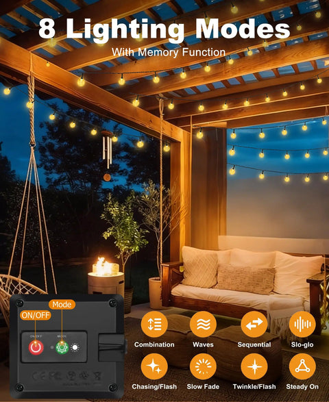 Two Pack Outdoor Solar String Lights Waterproof 98 Feet Total 100 LED Solar Powered Patio Lighting With Eight Modes Crystal Globe Decor For Garden Balcony Yard Porch Party Warm White showing 8 lighting modes and patio setting