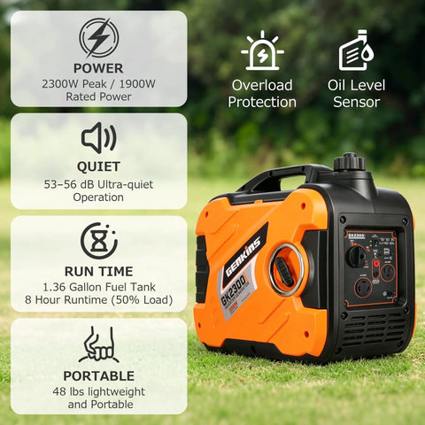 Portable Inverter Generator On The Go 2300W Peak 1900W Rated Gas Powered Ultra Quiet for RVs and Outdoor Camping