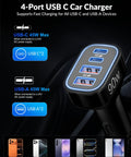 Top Tier Ninety Watt USB C Car Charger With Four Hella Fast Ports For Lightning Quick Cigarette Lighter Power Delivery And Rock Solid Mobile Charging Gear showing USB ports with power specs.