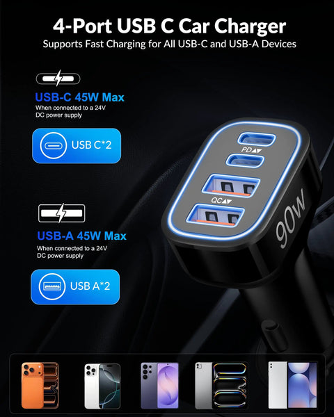 Top Tier Ninety Watt USB C Car Charger With Four Hella Fast Ports For Lightning Quick Cigarette Lighter Power Delivery And Rock Solid Mobile Charging Gear showing USB ports with power specs.