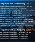 Compatibility list for GMC Jimmy and Oldsmobile Bravada showing models from 1998 to 2001, including SUV and fuel tank details.