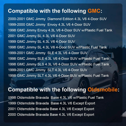 Compatibility list for GMC Jimmy and Oldsmobile Bravada showing models from 1998 to 2001, including SUV and fuel tank details.