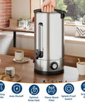 Honest To Goodness Commercial Coffee Urn 110 Cup Electric Coffee Maker in stainless steel with cool-grip handle on wooden table.