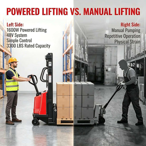 Comparison of Heavy Duty Semi Electric High Lift Pallet Stacker with 3300 Lb Capacity and manual pallet jack operation.