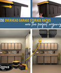 Overhead Garage Storage Rack For Four Bins With Adjustable Width And 160 Lb Capacity DIY Safe Ceiling Mount Fits 27 Gallon Totes Pro Grade Steel Space Saving Organizer shown lifting bins to ceiling.
