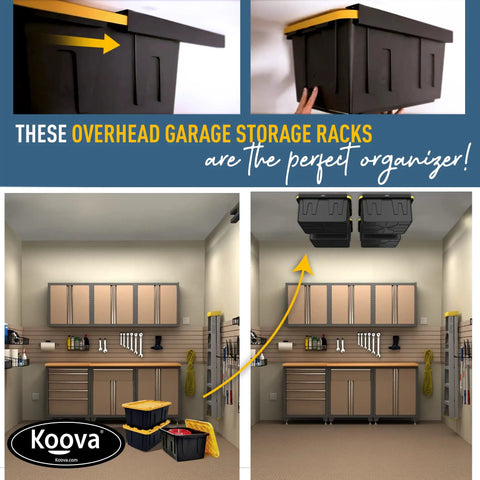 Overhead Garage Storage Rack For Four Bins With Adjustable Width And 160 Lb Capacity DIY Safe Ceiling Mount Fits 27 Gallon Totes Pro Grade Steel Space Saving Organizer shown lifting bins to ceiling.