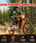 Rider on HAPPYRUN F18 Electric Dirt Bike Mid-Drive Motor 6000W Peak, off-road on forest trail at 46mph, highlighting power and speed.