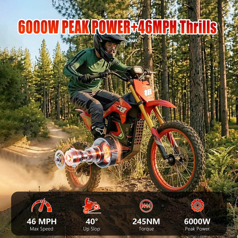 Rider on HAPPYRUN F18 Electric Dirt Bike Mid-Drive Motor 6000W Peak, off-road on forest trail at 46mph, highlighting power and speed.
