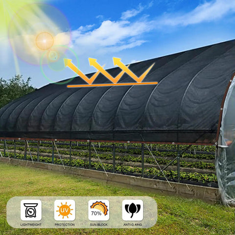 Heavy Duty Sun Shade Cloth 10x24 Foot Mesh Tarp With Grommets covering a greenhouse for sun protection