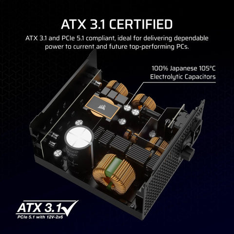 Interior view of 1000W Fully Modular PC Power Supply With Quiet Operation, ATX 3.1 Ready, PCIe 5.1 Support, showing capacitors.