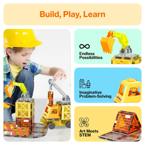 Child playing with Magnetic Construction Vehicle Tiles Set 5 In 1 Buildable Crane Excavator Dump Truck Ladder Truck Backhoe