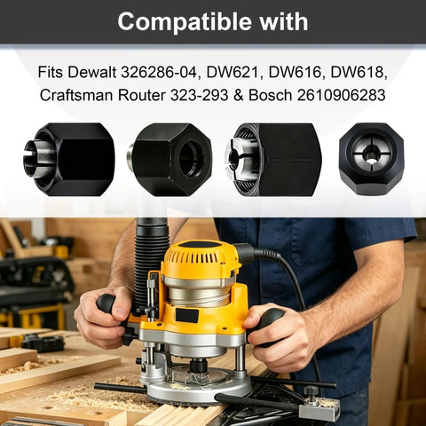 Heavy Duty Router Collet Set Packing 1/2 And 1/4 Inch Bushings, compatible with various router models, showcasing precision parts.