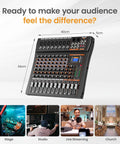 8 Channel USB Audio Mixer With 24 Bit DSP, Bluetooth 5.0 Studio Sound Card for Streaming and Podcasting, includes dimensions and uses.