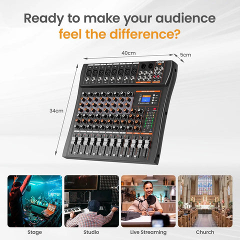8 Channel USB Audio Mixer With 24 Bit DSP, Bluetooth 5.0 Studio Sound Card for Streaming and Podcasting, includes dimensions and uses.