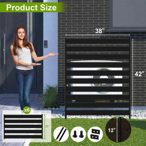 Outdoor AC Unit Fence Screen Set, 3 Panels, 42 Inch Tall By 38 Inch Wide Privacy Fence next to a woman, showing size comparison