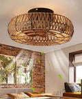 20 Inch Caged Ceiling Fan With Light And Remote, Boho Flush Mount Low Profile Chandelier Style Ceiling Fan in bedroom setting