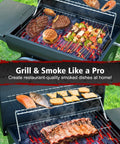 Barrel Charcoal Grill with Side Table cooking meats and vegetables, outdoor BBQ cooker with two-level grilling racks, spacious grill design.