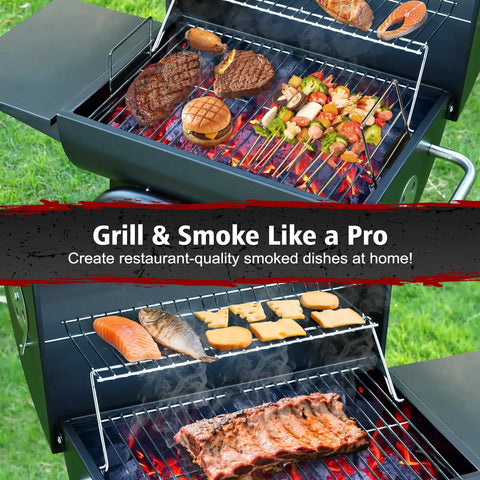 Barrel Charcoal Grill with Side Table cooking meats and vegetables, outdoor BBQ cooker with two-level grilling racks, spacious grill design.