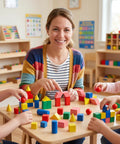 Teacher and kids using 70 Piece Wooden 3D Geometric Shapes Set For Kids Colorful Spheres Prisms Cubes Cylinders Cones for STEM learning