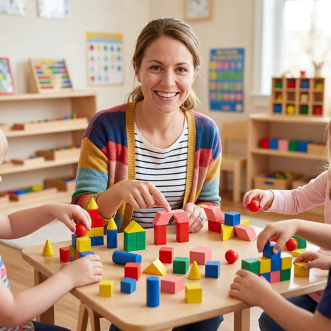 Teacher and kids using 70 Piece Wooden 3D Geometric Shapes Set For Kids Colorful Spheres Prisms Cubes Cylinders Cones for STEM learning